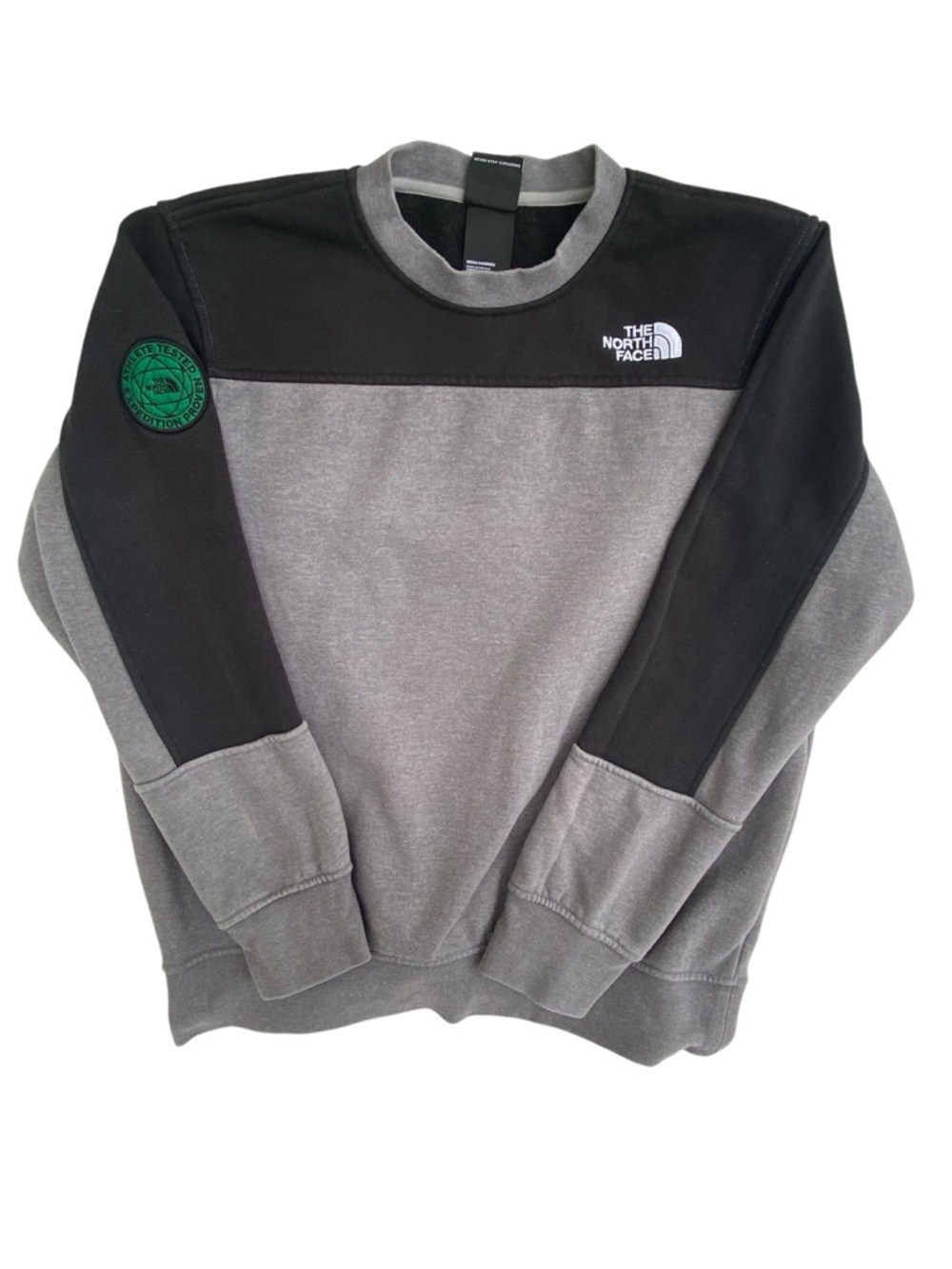 The North Face Men’s Gray and Black Crewneck Sweatshirt with Green Patch